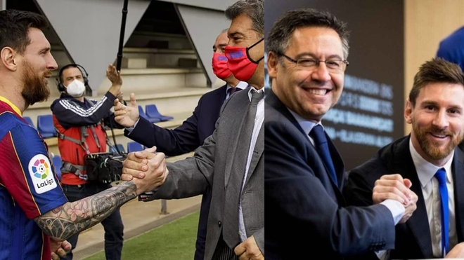 Messi y sus dos últimos presidentes en el Barça: Laporta y Battomeu.