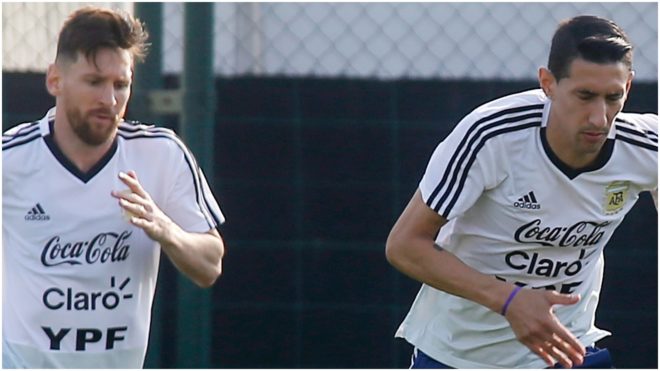 Messi y Di María, en un entrenamiento con la Selección Argentina.