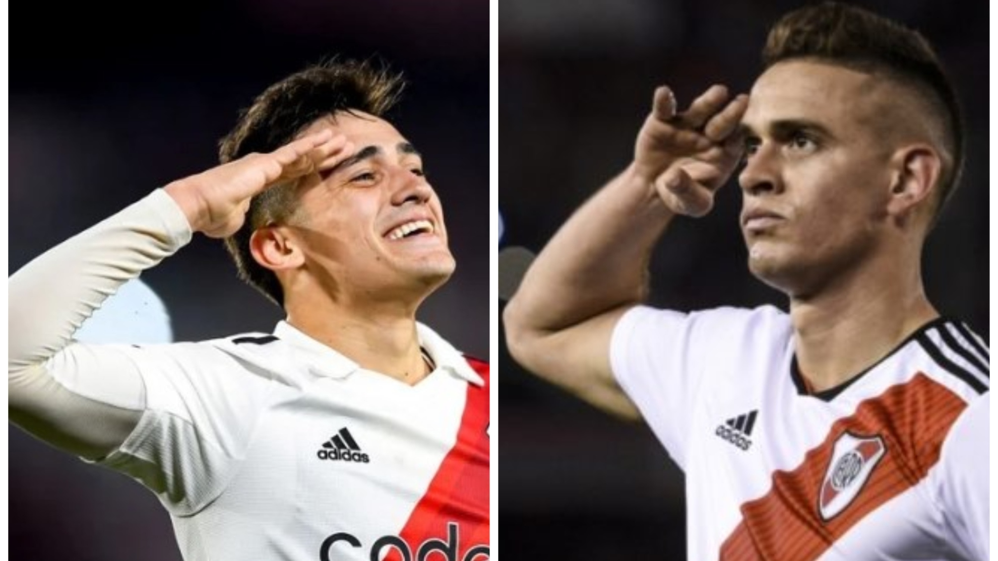 Pablo Solari (21) y Rafael Santos Borre (26) celebrando sus goles con...